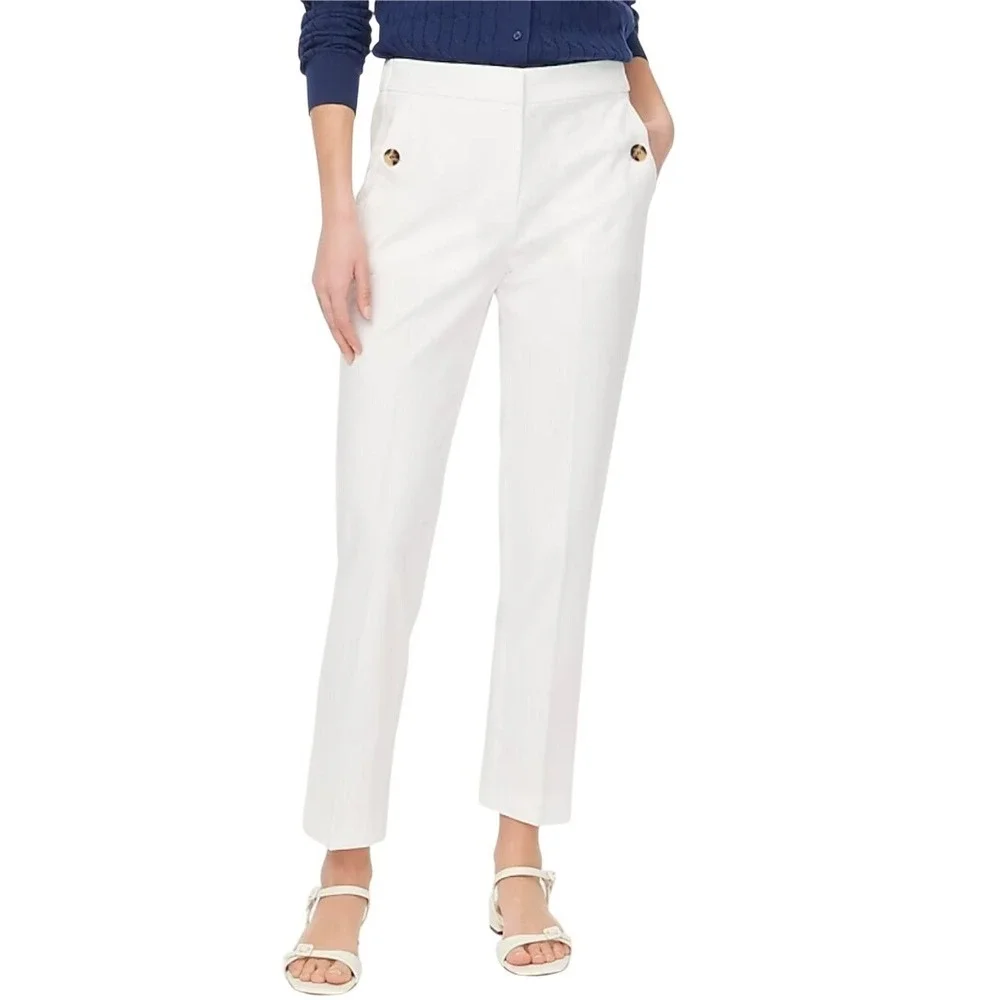 J. Crew White Linen Blend Cropped Pants Button Detail Size 6 NWT‎ $98